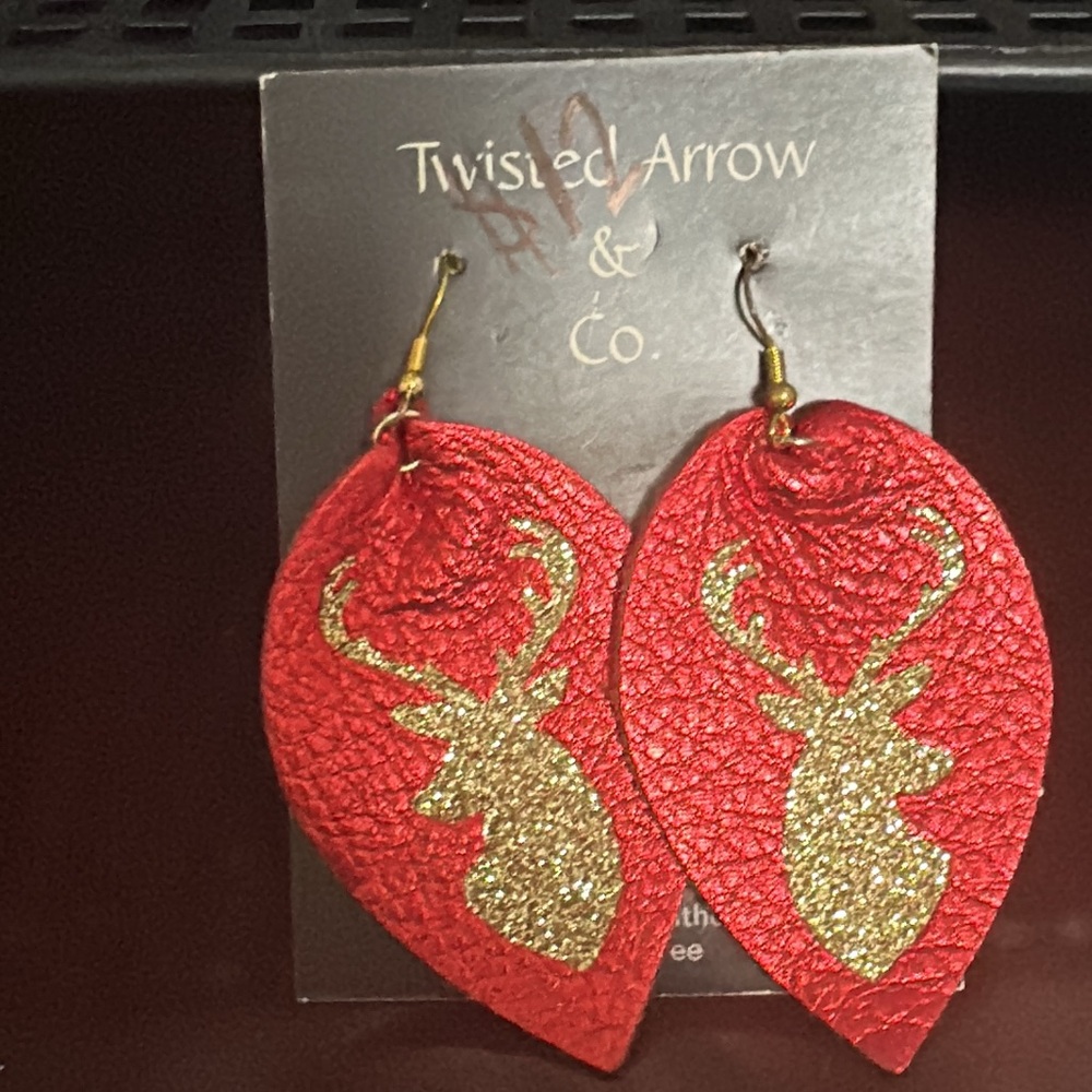 NEW authentic leather red and deer/glitter earrings